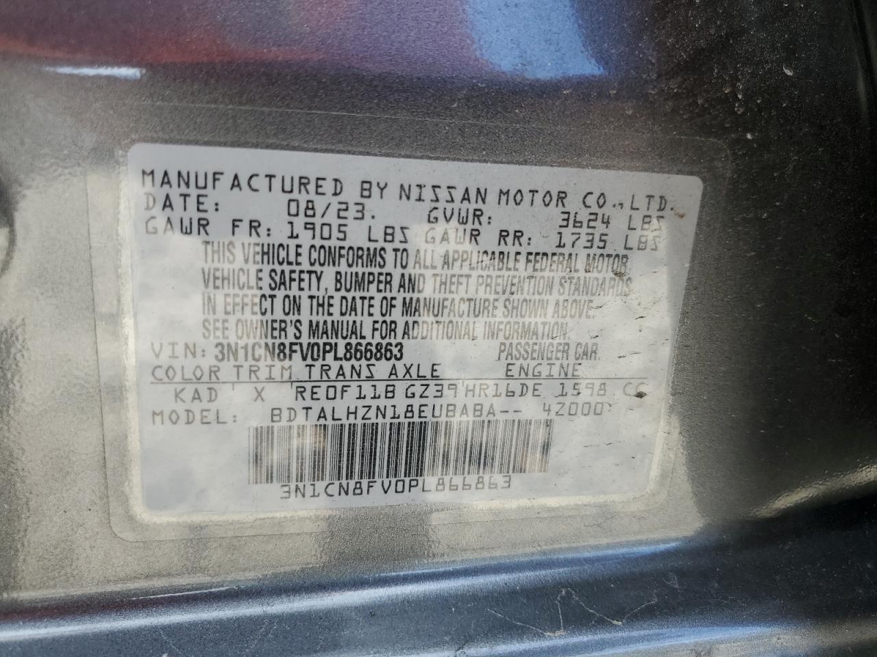 2023 NISSAN VERSA SR VIN:3N1CN8FV0PL866863