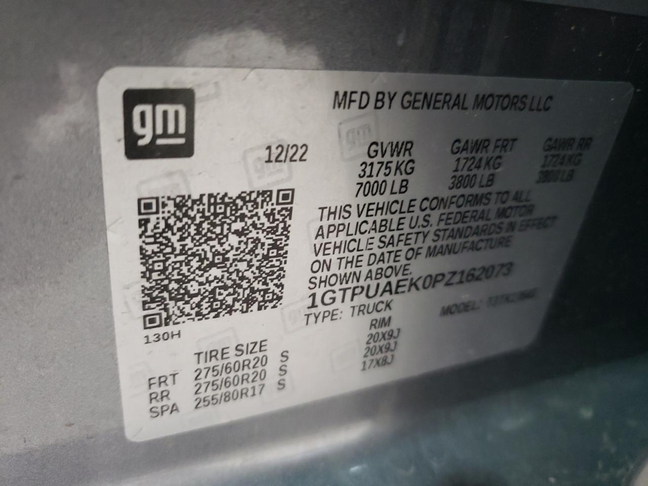 2023 GMC SIERRA K1500 VIN:1GTPUAEK0PZ162073