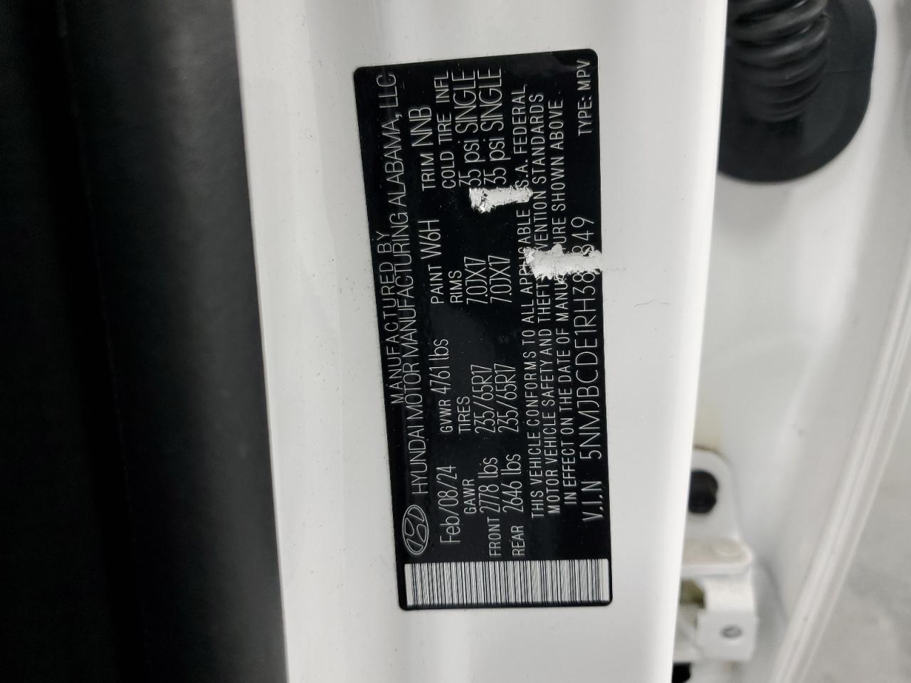 2024 HYUNDAI TUCSON SEL VIN:5NMJBCDE1RH386849