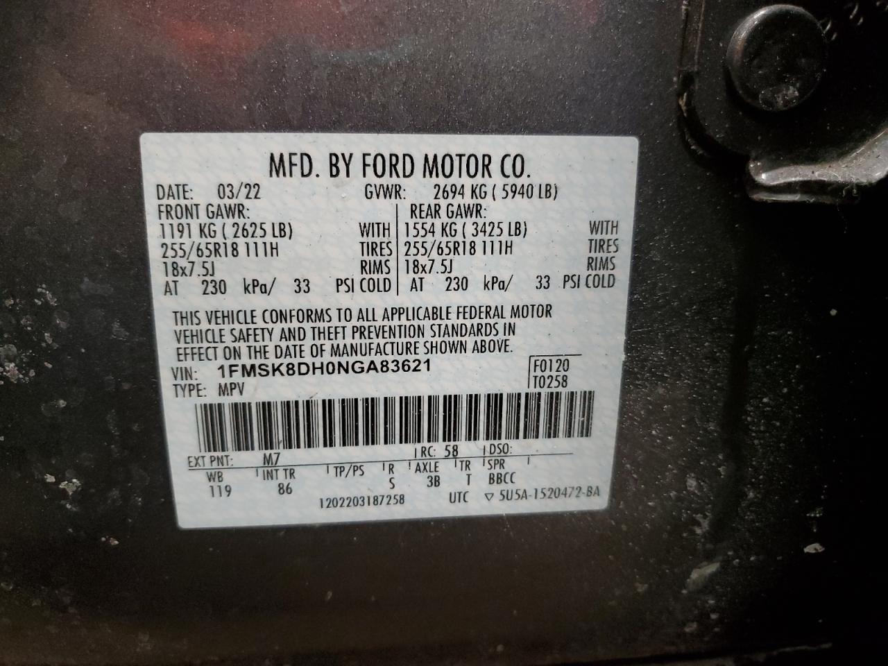 2022 FORD EXPLORER XLT VIN:1FMSK8DH0NGA83621