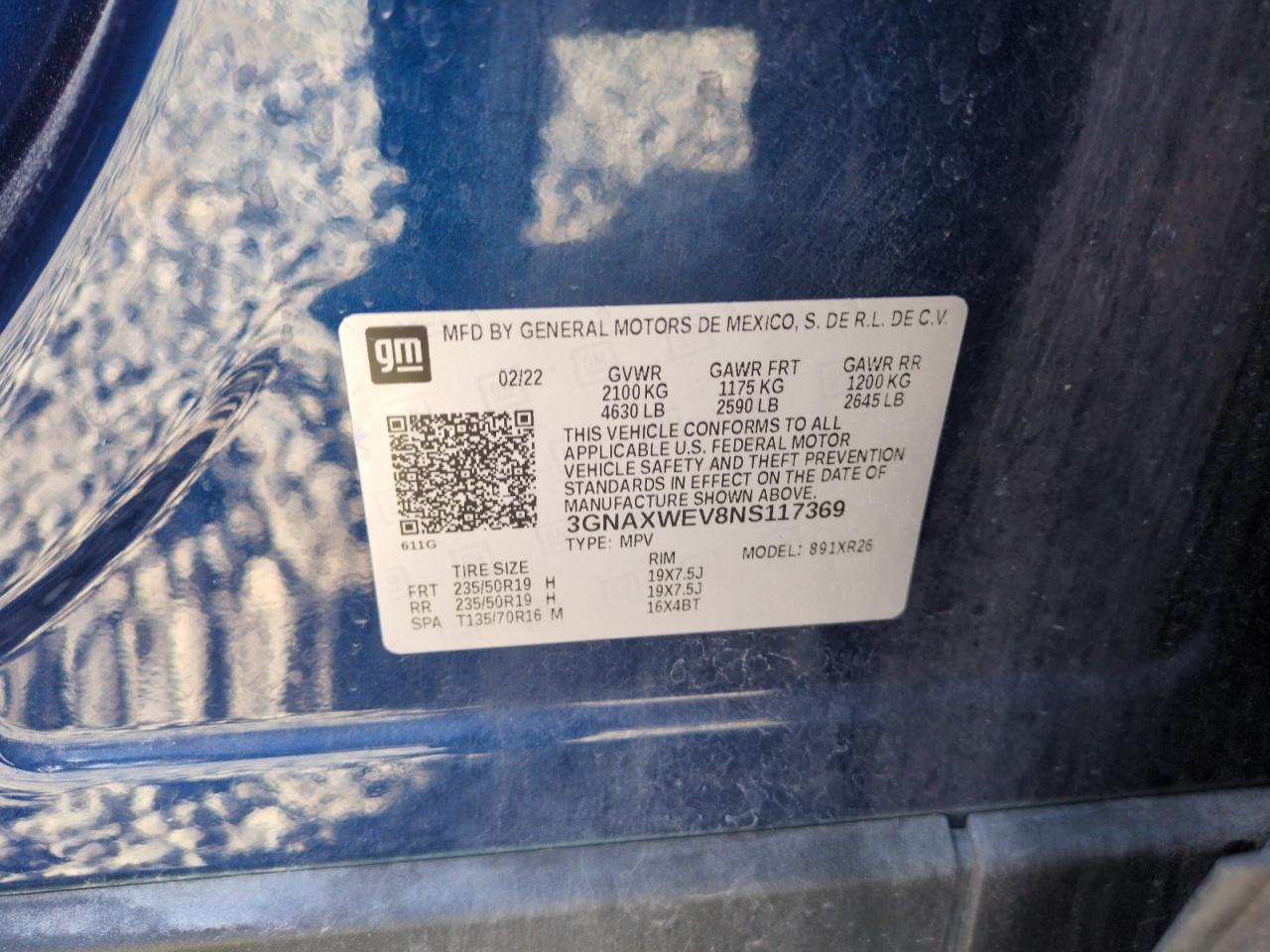 2022 CHEVROLET EQUINOX RS VIN:3GNAXWEV8NS117369