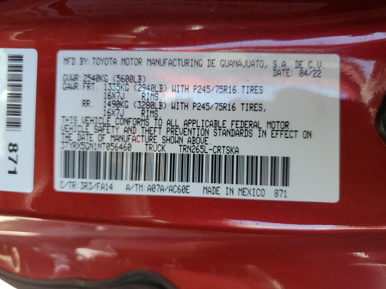 2022 TOYOTA TACOMA ACCESS CAB VIN:3TYRX5GN1NT056460