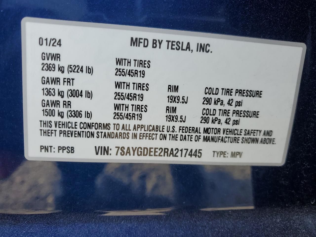 2024 TESLA MODEL Y  VIN:7SAYGDEE2RA217445