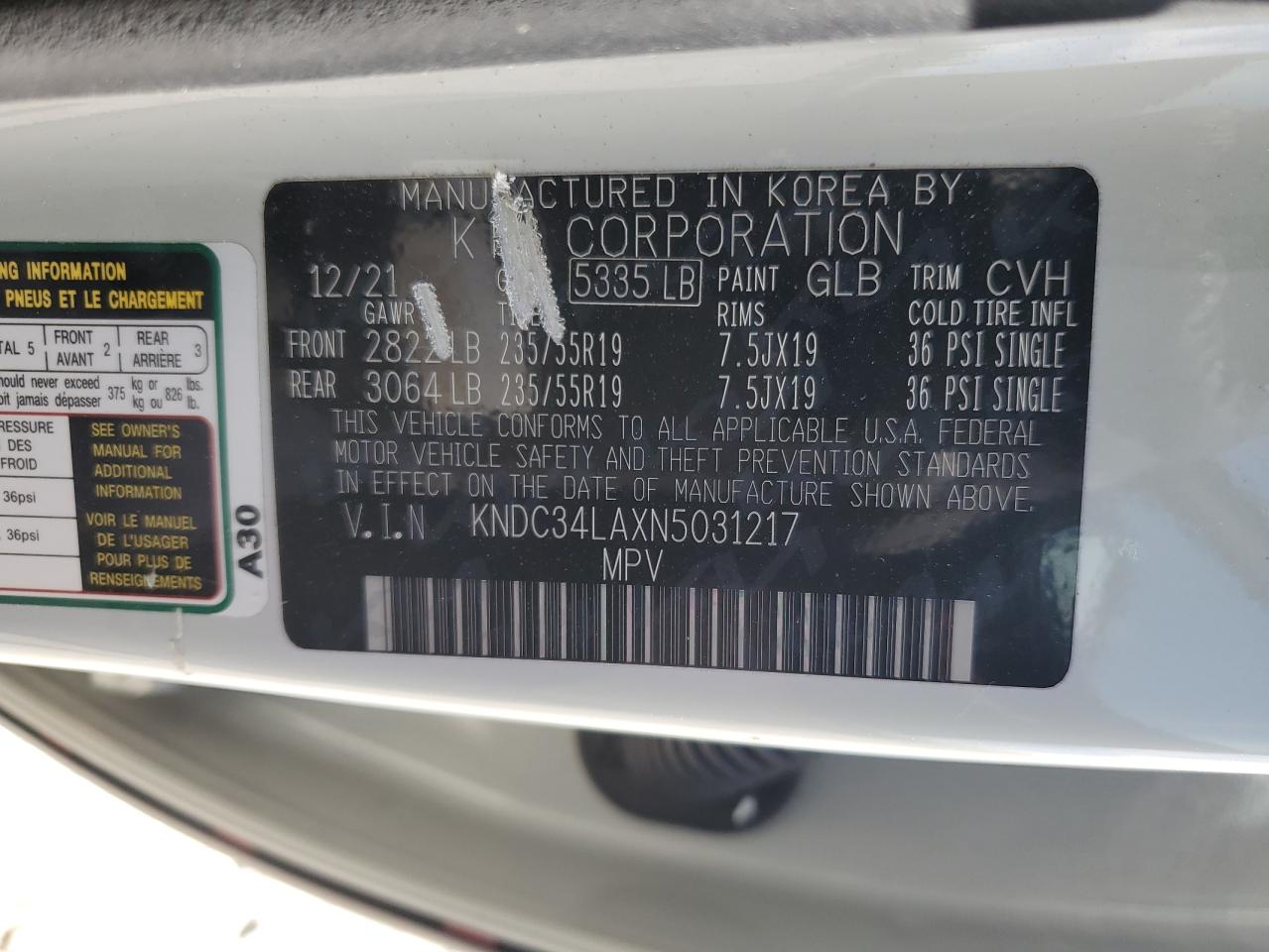 2022 KIA EV6 LIGHT VIN:KNDC34LAXN5031217