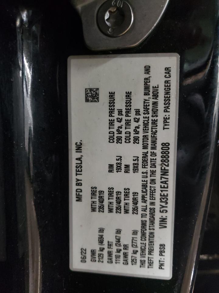 2022 TESLA MODEL 3  VIN:5YJ3E1EA7NF288808