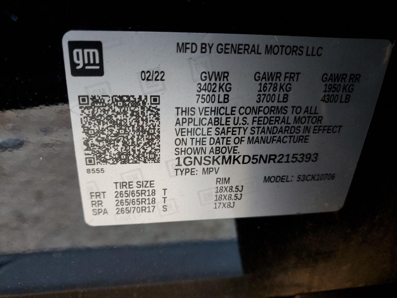 2022 CHEVROLET TAHOE K1500 LS VIN:1GNSKMKD5NR215393