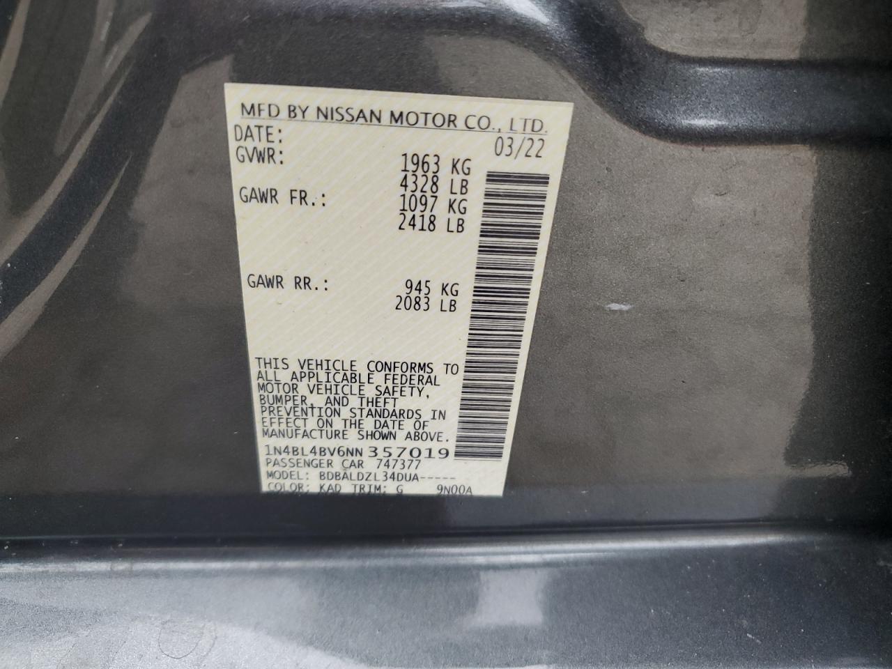 2022 NISSAN ALTIMA S VIN:1N4BL4BV6NN357019