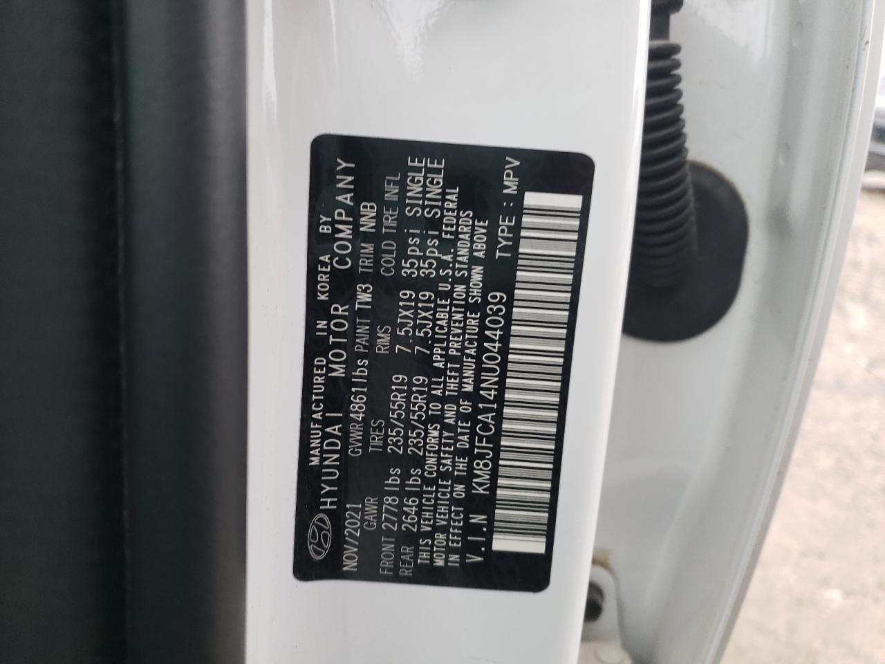2022 HYUNDAI TUCSON SEL CONVENIENCE VIN:KM8JFCA14NU044039