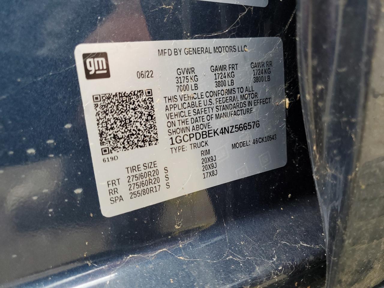 2022 CHEVROLET SILVERADO K1500 CUSTOM VIN:1GCPDBEK4NZ566576