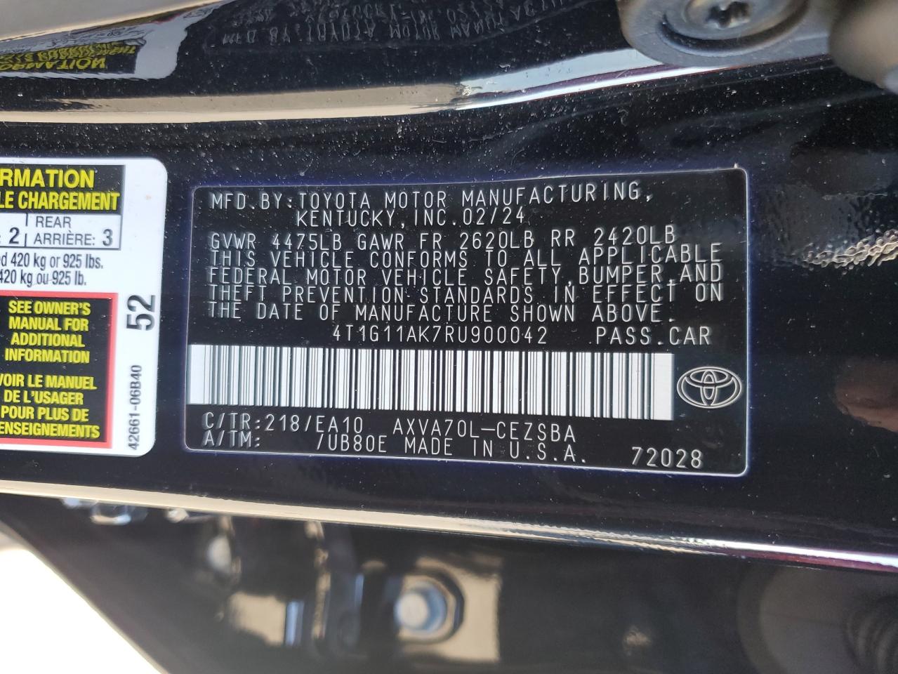 2024 TOYOTA CAMRY SE NIGHT SHADE VIN:4T1G11AK7RU900042