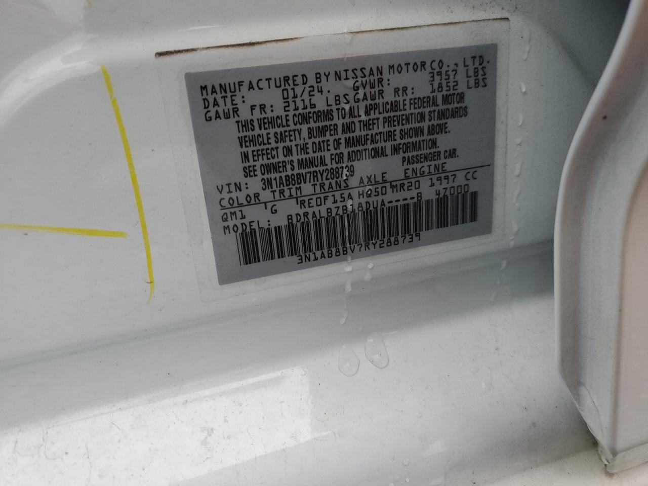2024 NISSAN SENTRA S VIN:3N1AB8BV7RY288739