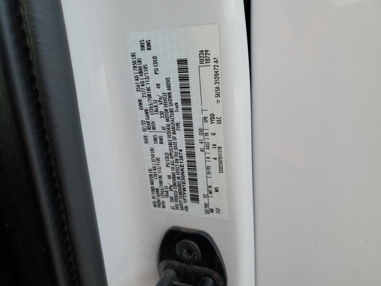 2022 FORD F150 SUPERCREW VIN:1FTFW1E50NKE13874