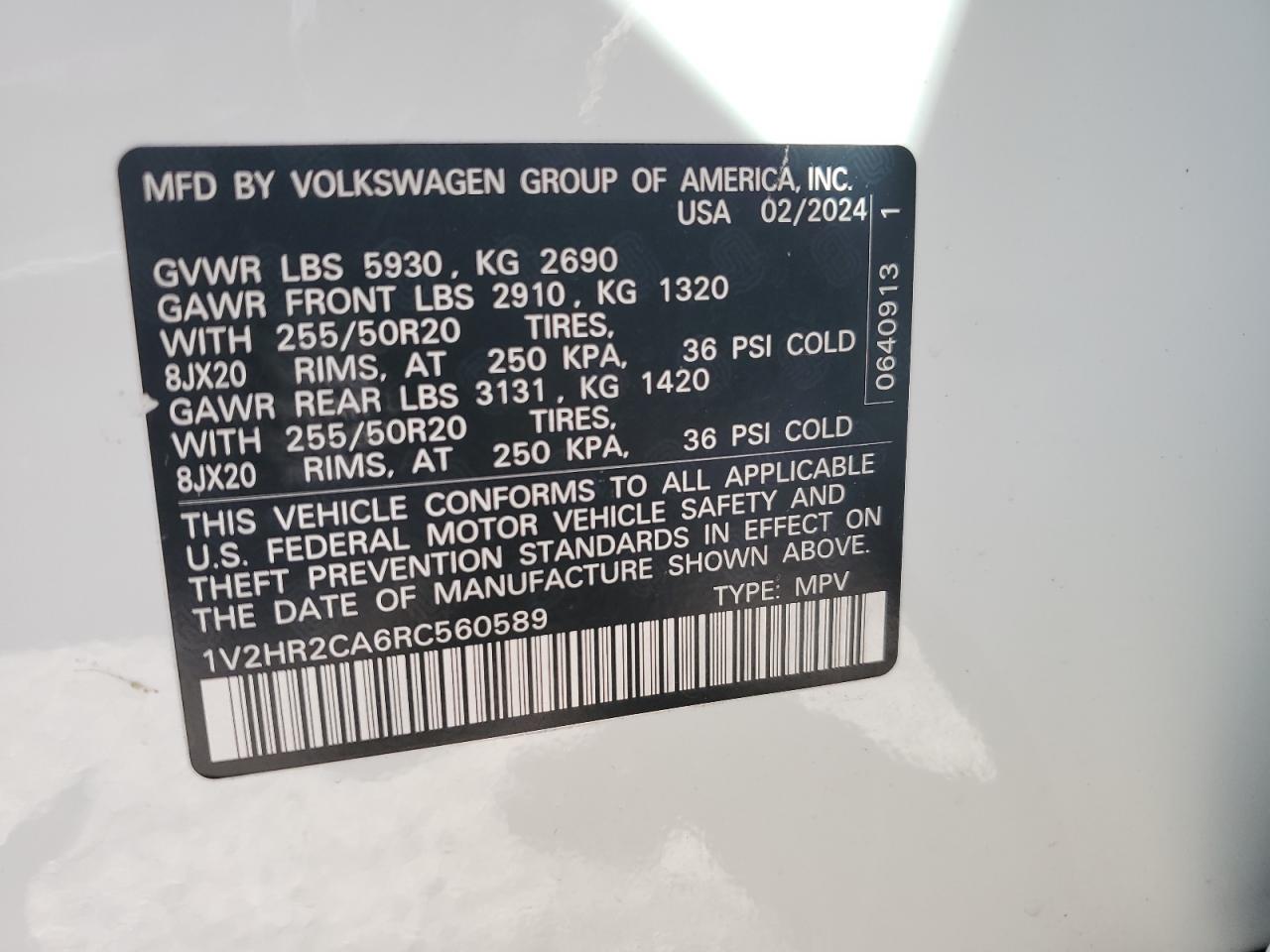 2024 VOLKSWAGEN ATLAS SE VIN:1V2HR2CA6RC560589