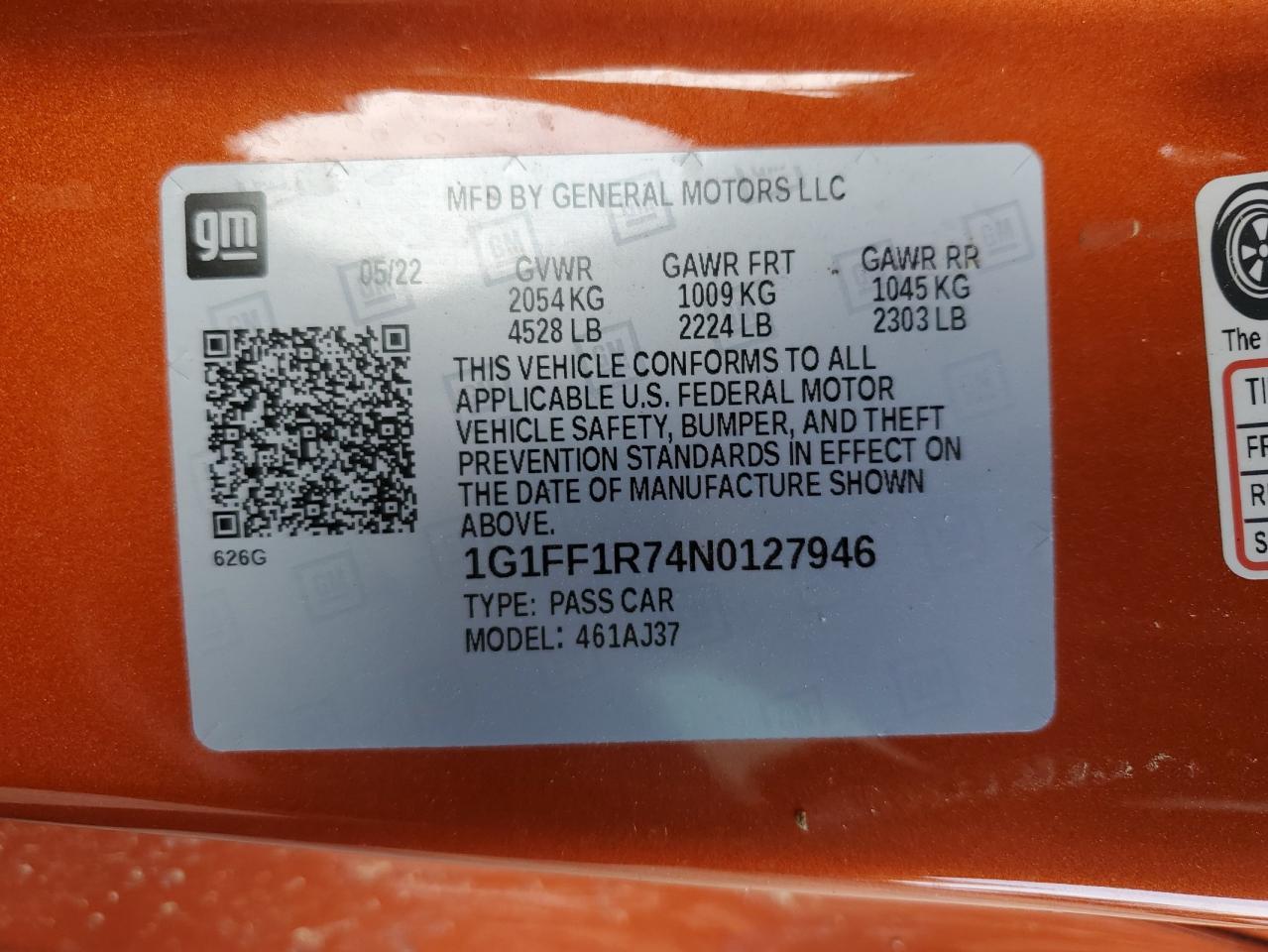 2022 CHEVROLET CAMARO LT1 VIN:1G1FF1R74N0127946