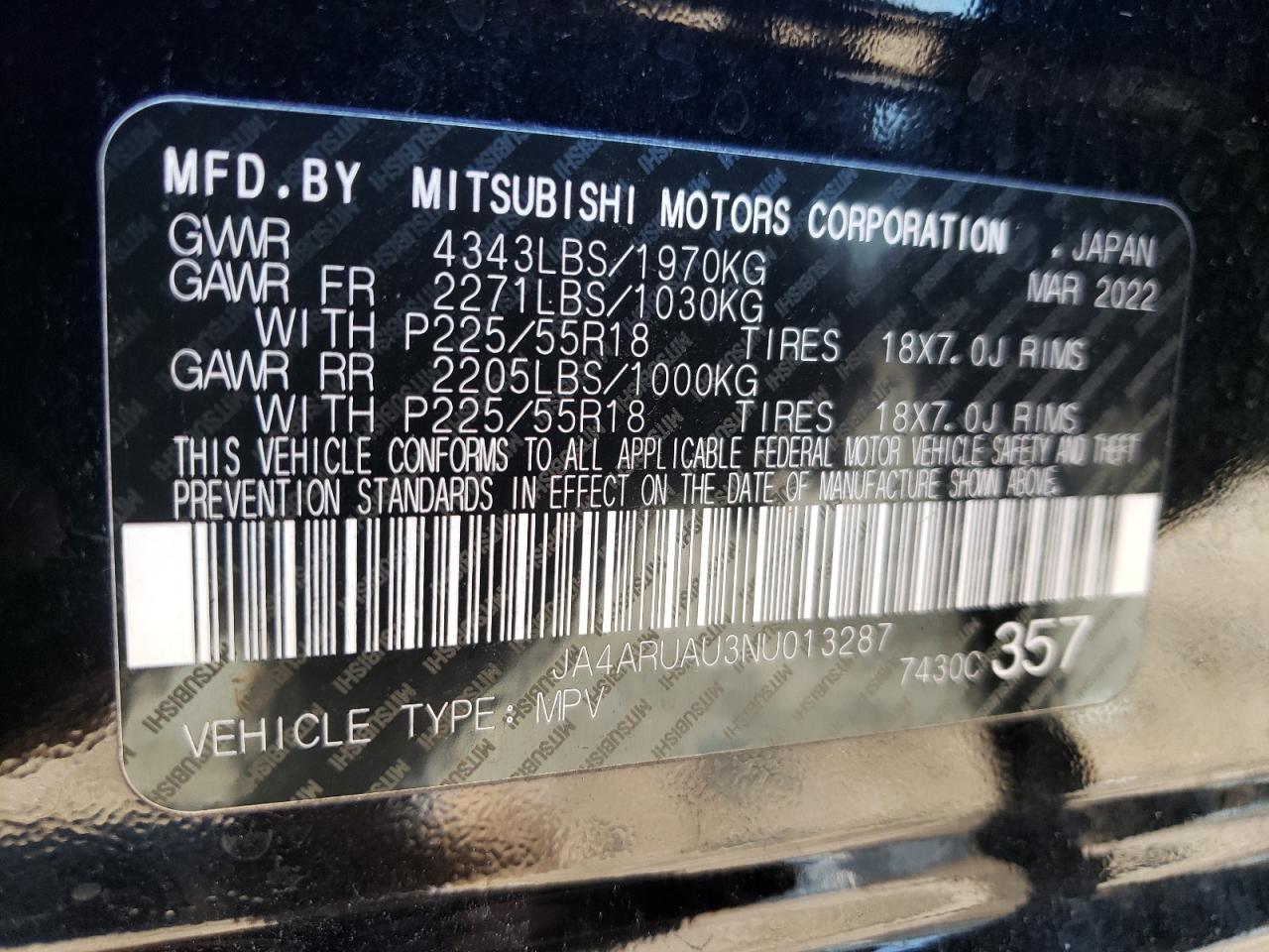 2022 MITSUBISHI OUTLANDER SPORT ES VIN:JA4ARUAU3NU013287