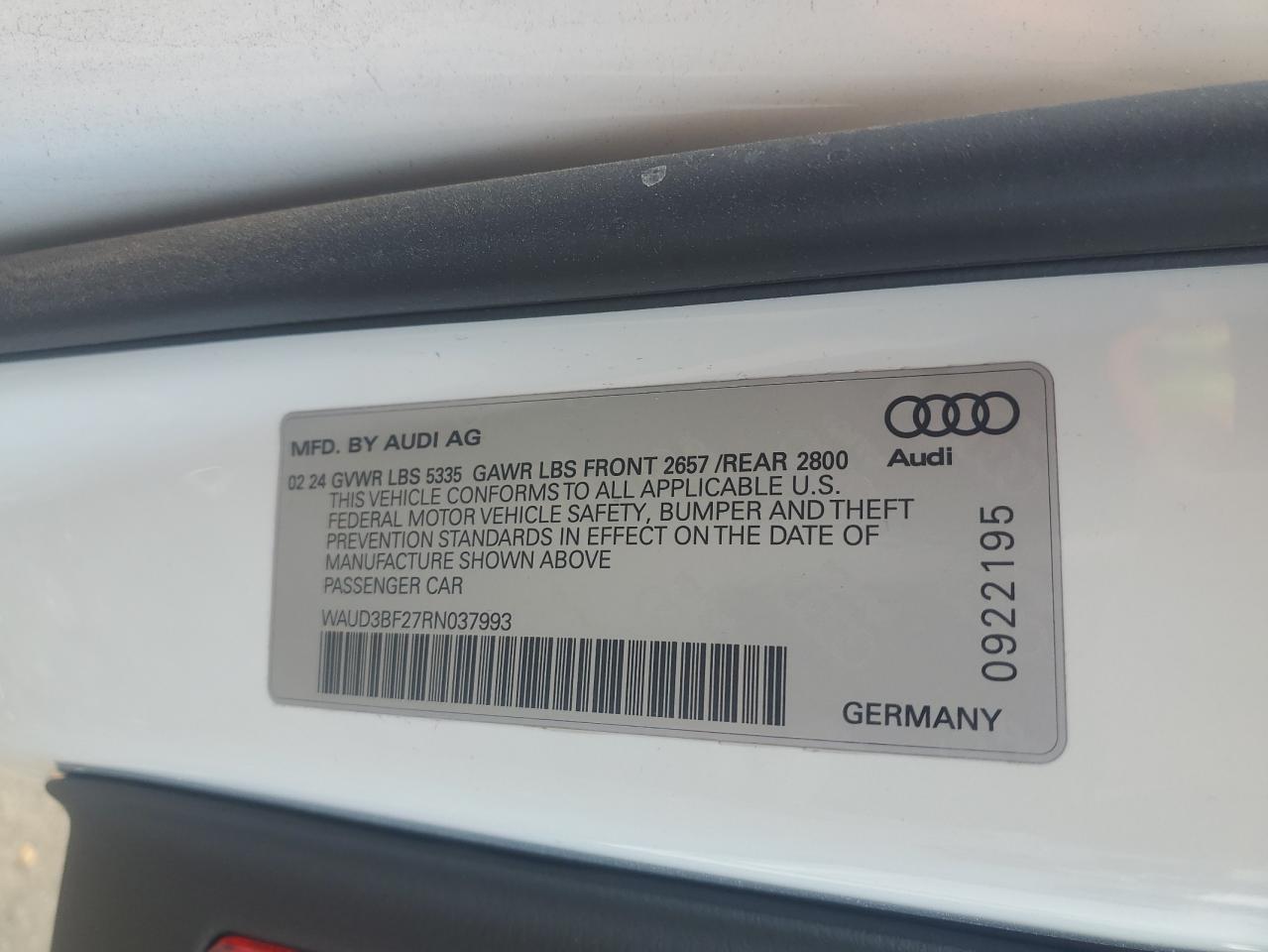 2024 AUDI A6 PREMIUM VIN:WAUD3BF27RN037993