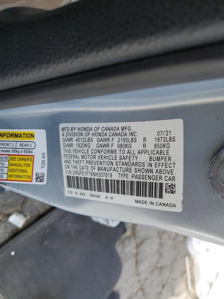 2022 HONDA CIVIC EX VIN:2HGFE1F78NH307619