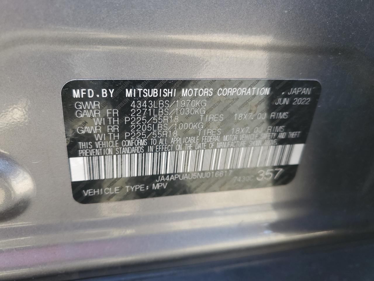 2022 MITSUBISHI OUTLANDER SPORT ES VIN:JA4APUAU5NU016617