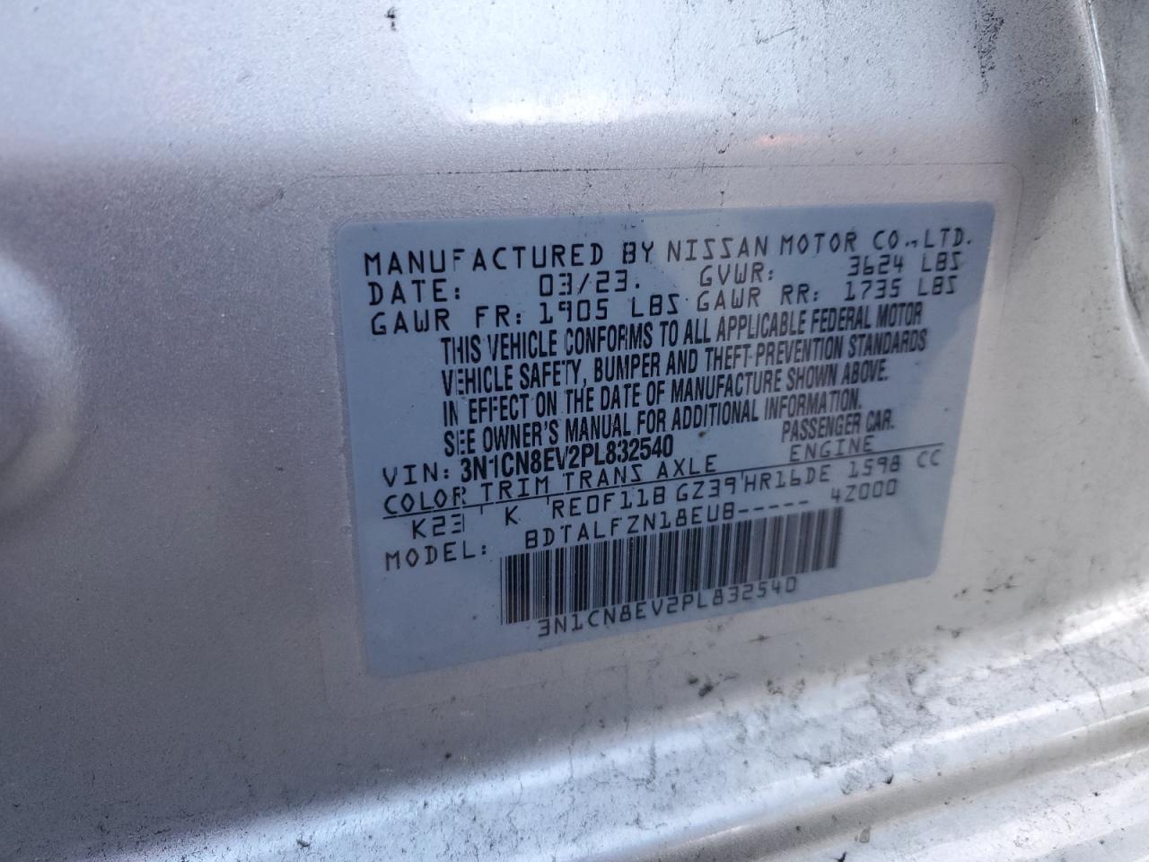 2023 NISSAN VERSA SV VIN:3N1CN8EV2PL832540