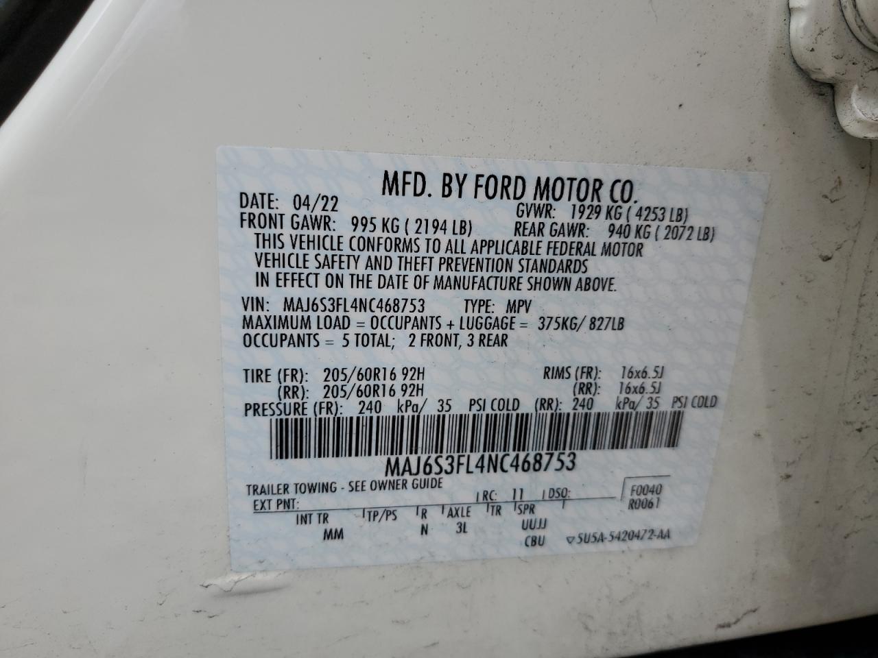 2022 FORD ECOSPORT S VIN:MAJ6S3FL4NC468753