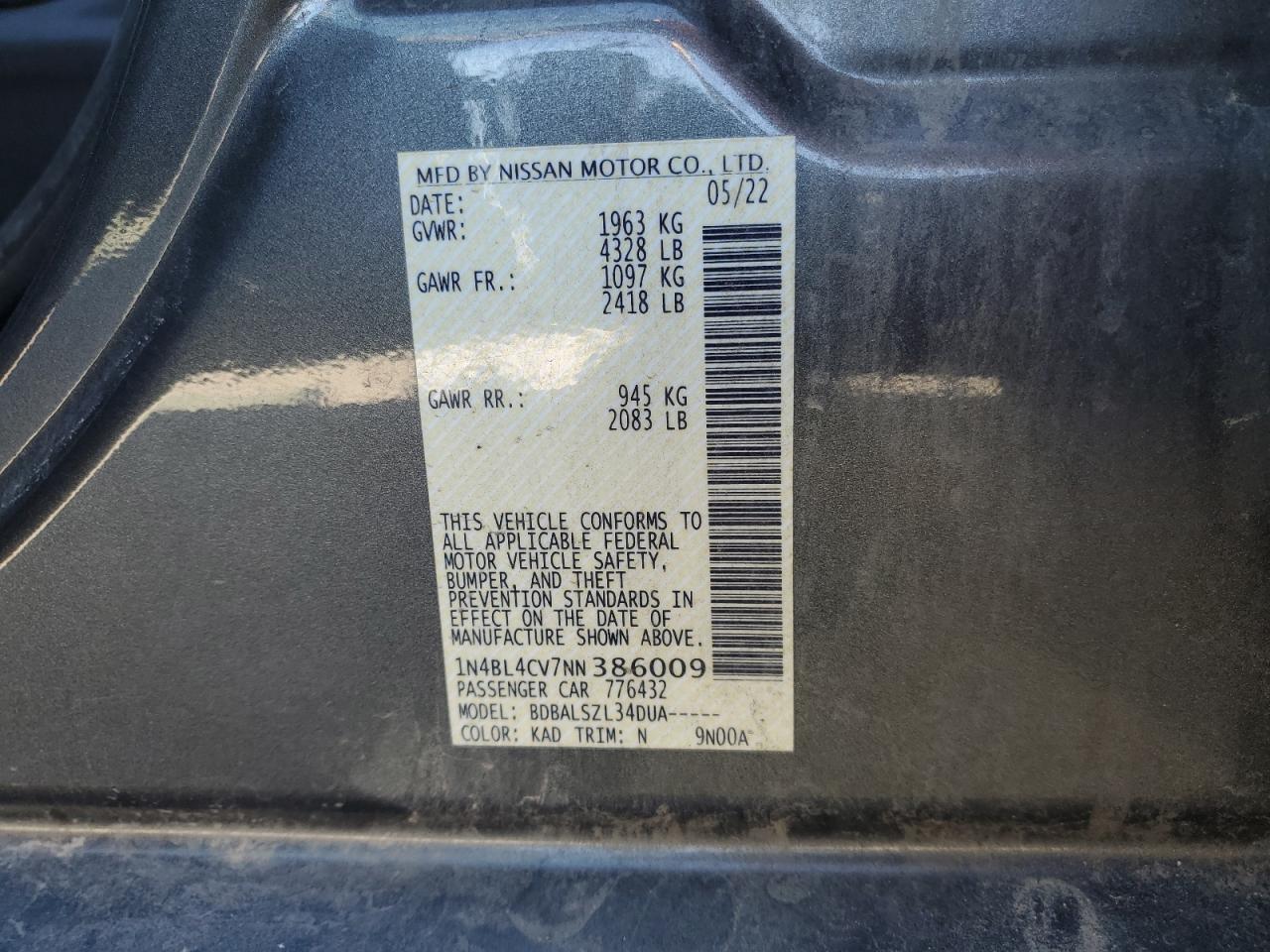 2022 NISSAN ALTIMA SR VIN:1N4BL4CV7NN386009