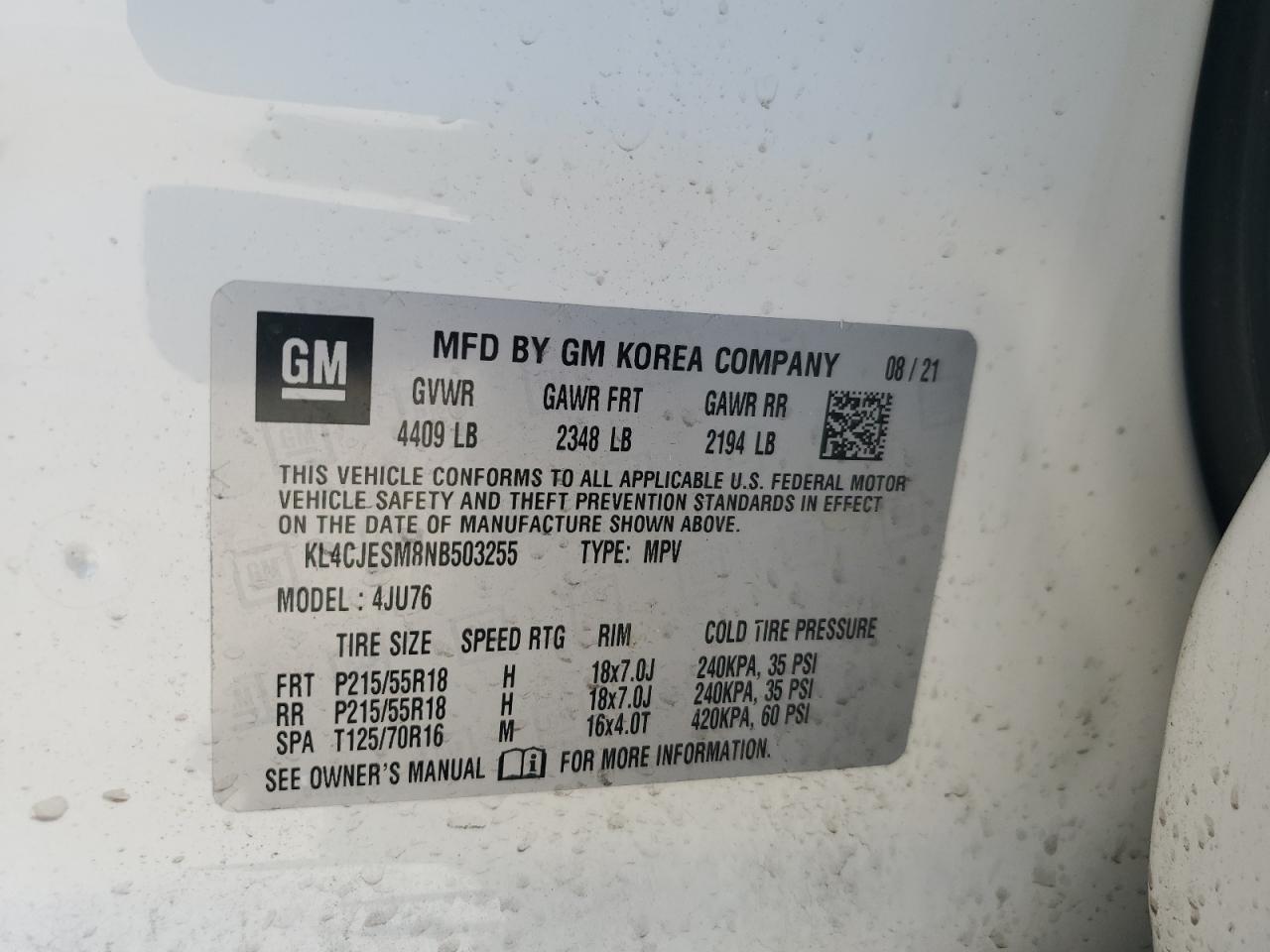 2022 BUICK ENCORE PREFERRED VIN:KL4CJESM8NB503255