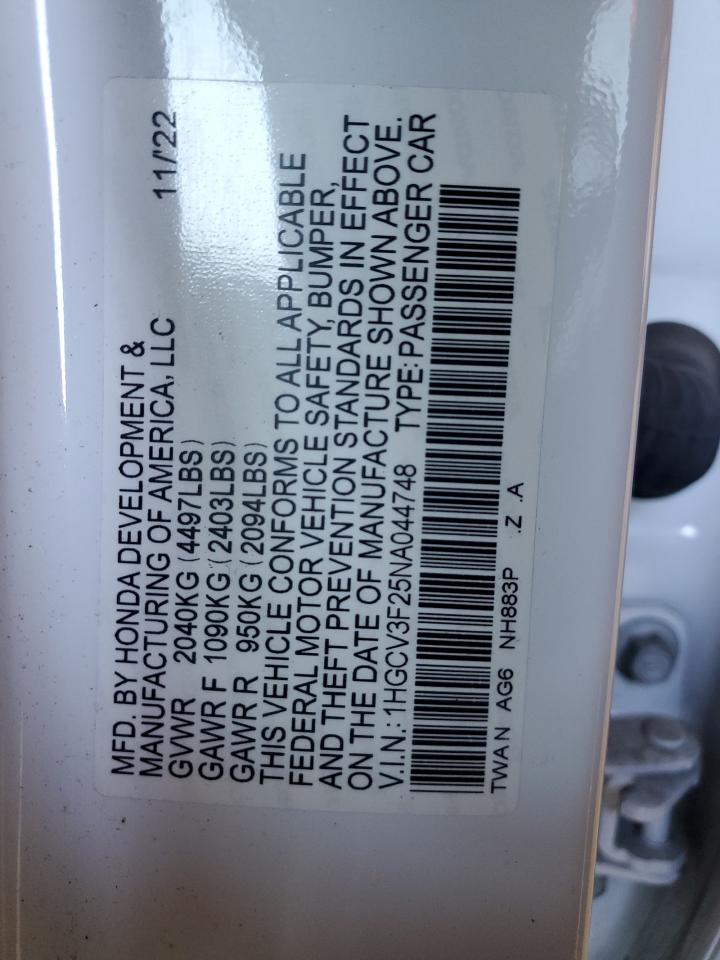2022 HONDA ACCORD HYBRID SPORT VIN:1HGCV3F25NA044748