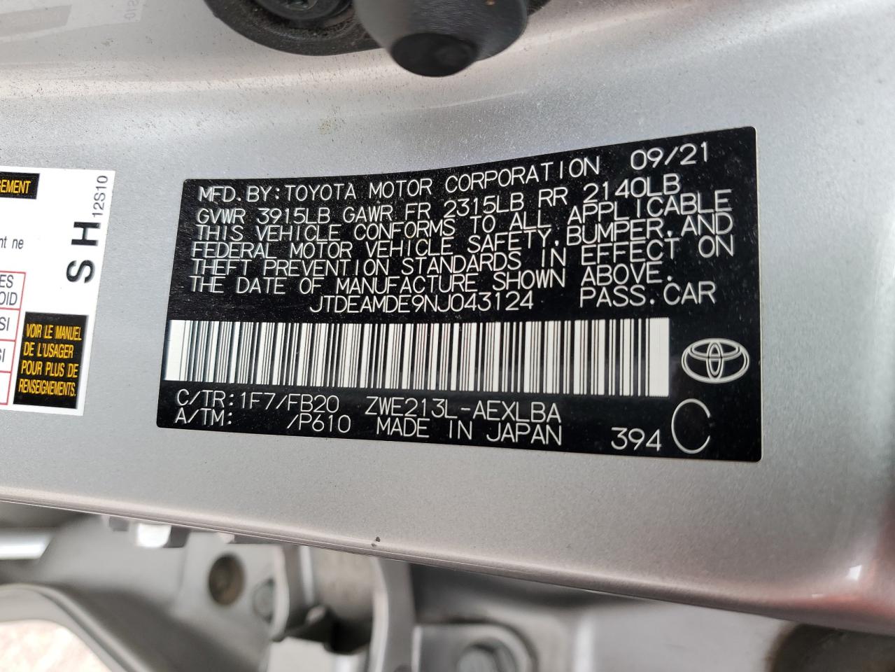 2022 TOYOTA COROLLA LE VIN:JTDEAMDE9NJ043124