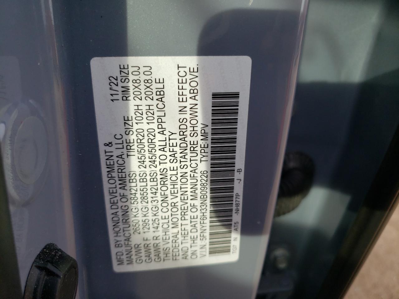 2022 HONDA PILOT SPORT VIN:5FNYF6H33NB098226