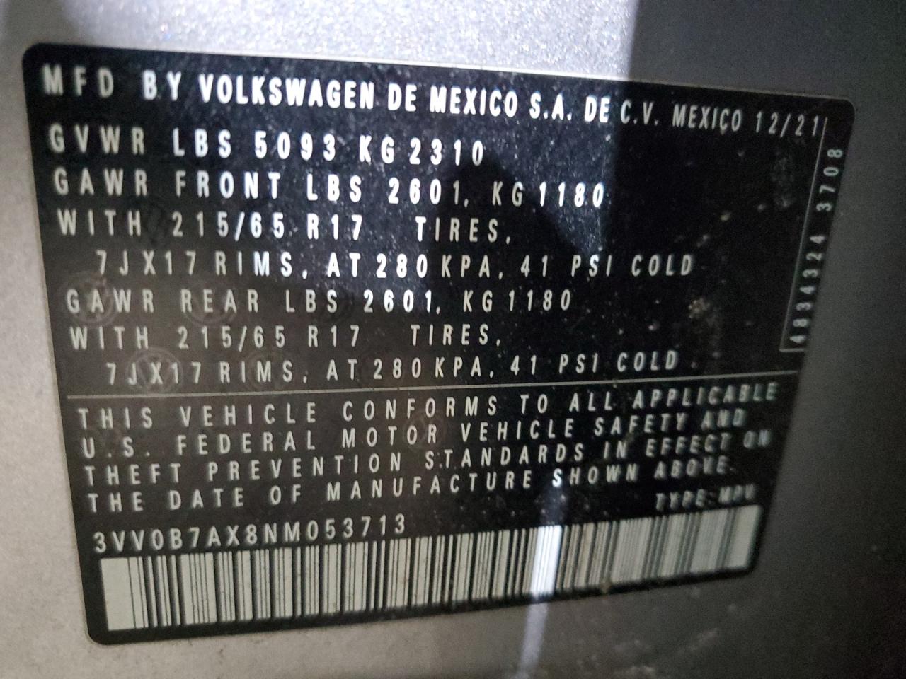 2022 VOLKSWAGEN TIGUAN S VIN:3VV0B7AX8NM053713