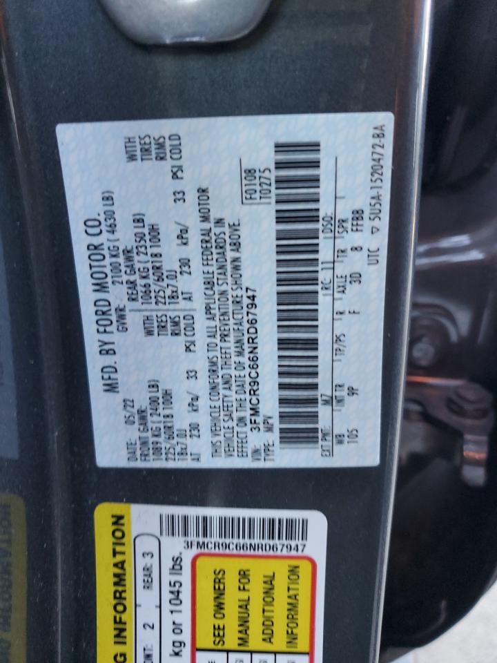 2022 FORD BRONCO SPORT OUTER BANKS VIN:3FMCR9C66NRD67947