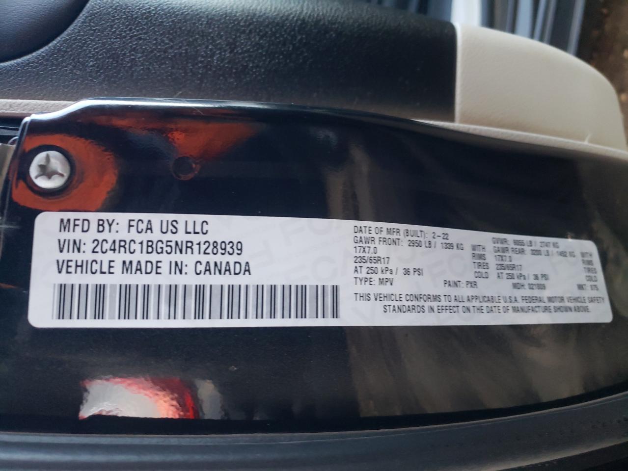 2022 CHRYSLER PACIFICA TOURING L VIN:2C4RC1BG5NR128939