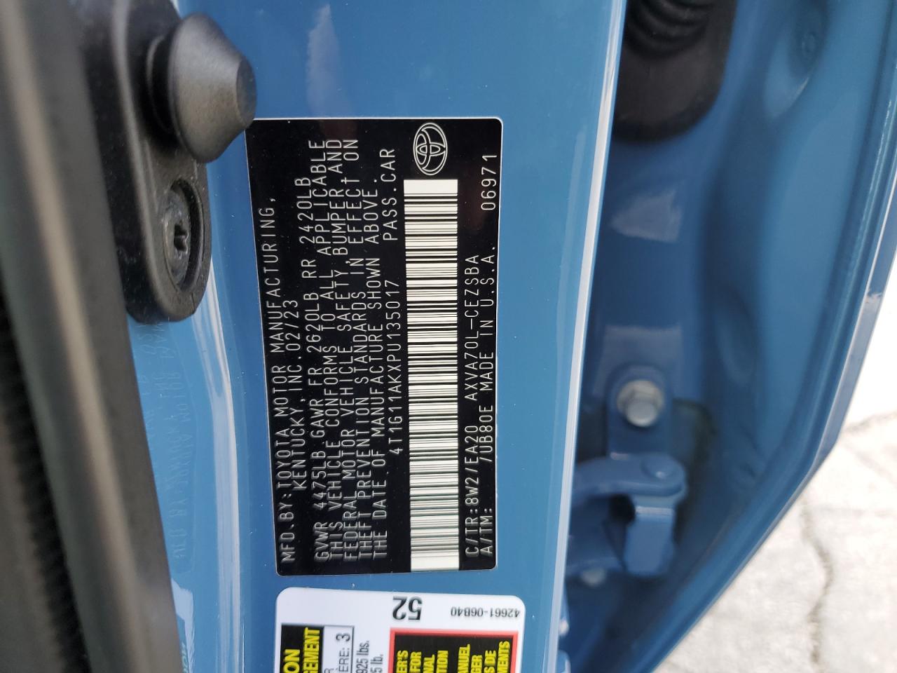 2023 TOYOTA CAMRY SE NIGHT SHADE VIN:4T1G11AKXPU135017