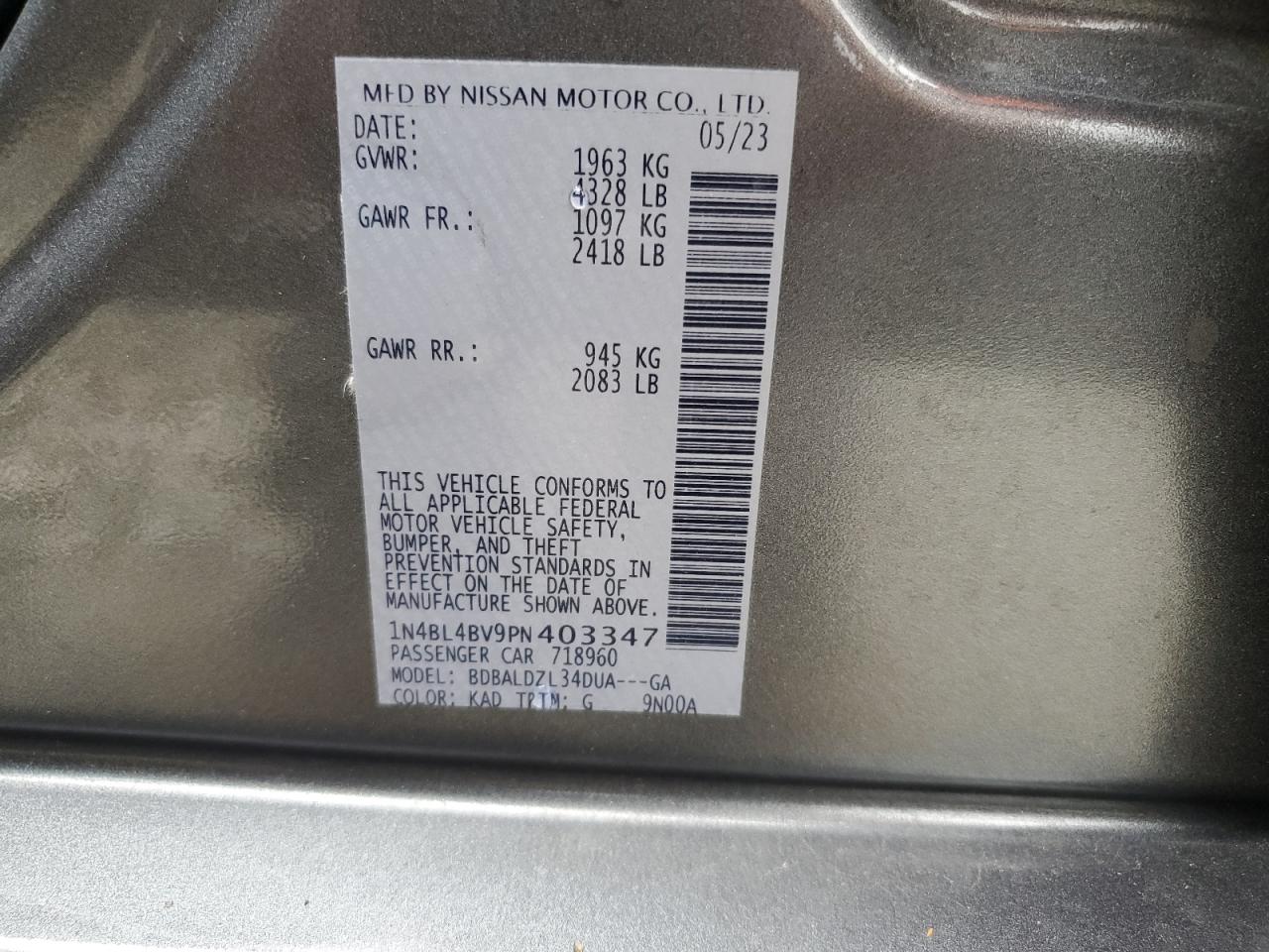 2023 NISSAN ALTIMA S VIN:1N4BL4BV9PN403347