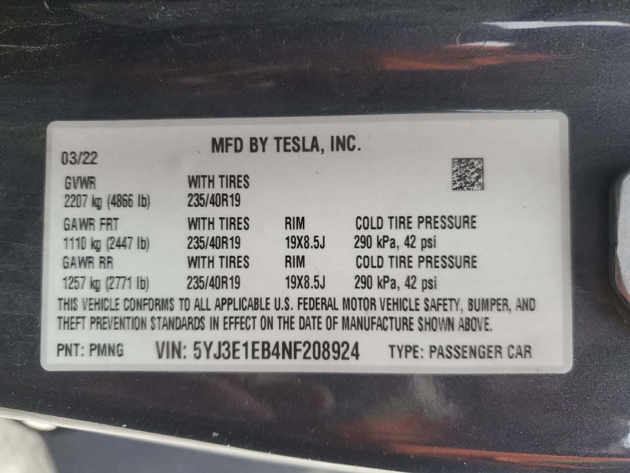 2022 TESLA MODEL 3  VIN:5YJ3E1EB4NF208924