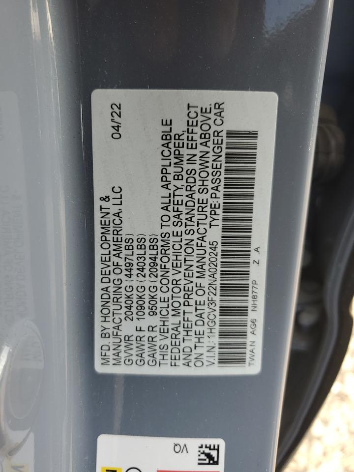 2022 HONDA ACCORD HYBRID SPORT VIN:1HGCV3F22NA020245