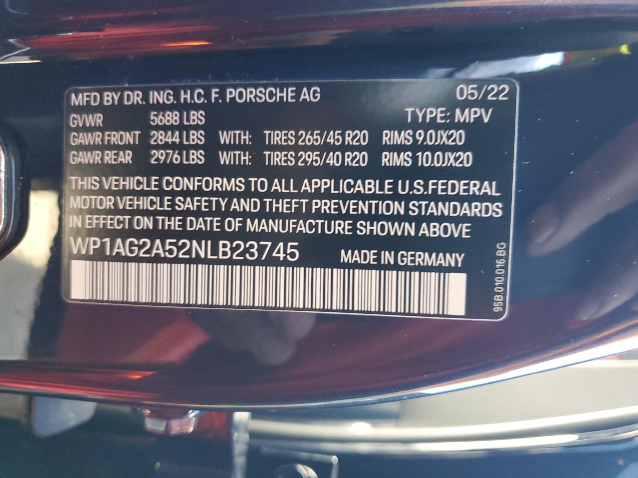 2022 PORSCHE MACAN S VIN:WP1AG2A52NLB23745