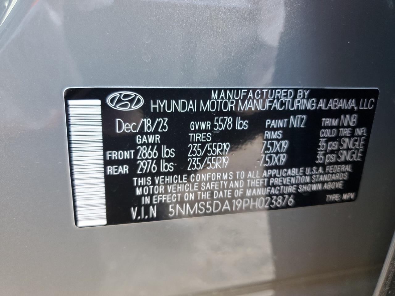 2023 HYUNDAI SANTA FE LIMITED VIN:5NMS5DA19PH023876