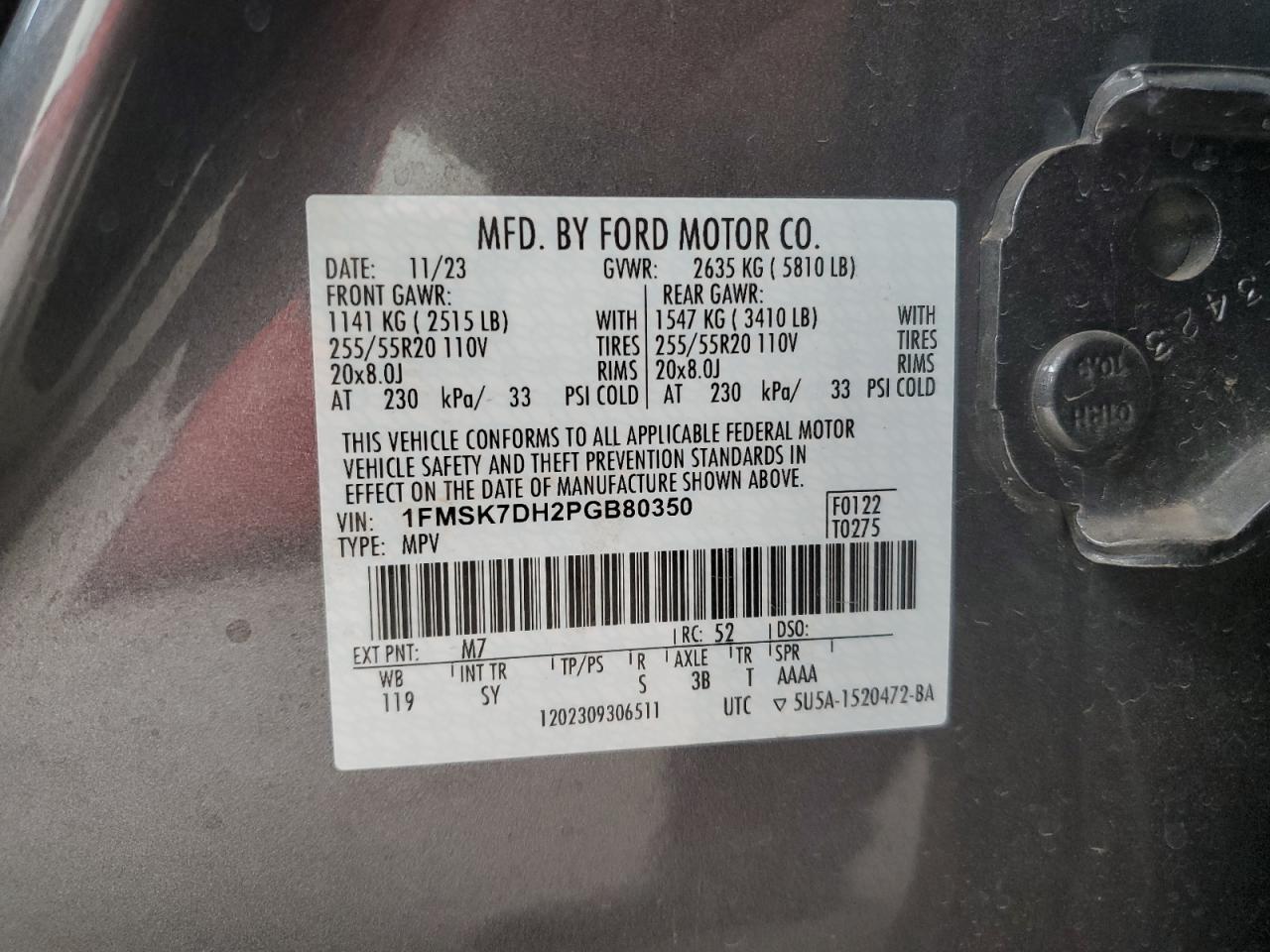 2023 FORD EXPLORER XLT VIN:1FMSK7DH2PGB80350