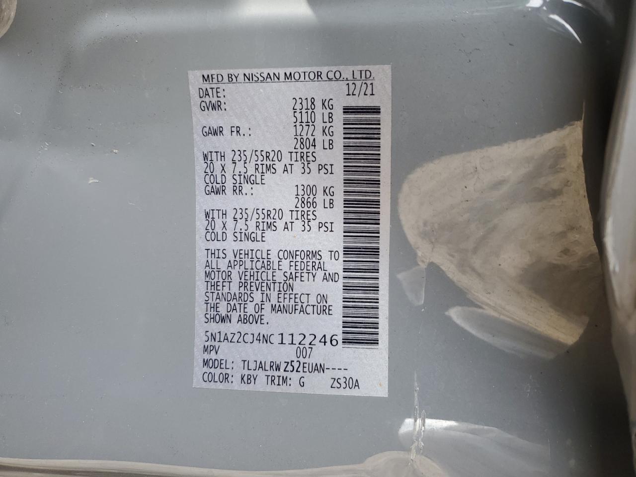 2022 NISSAN MURANO SL VIN:5N1AZ2CJ4NC112246