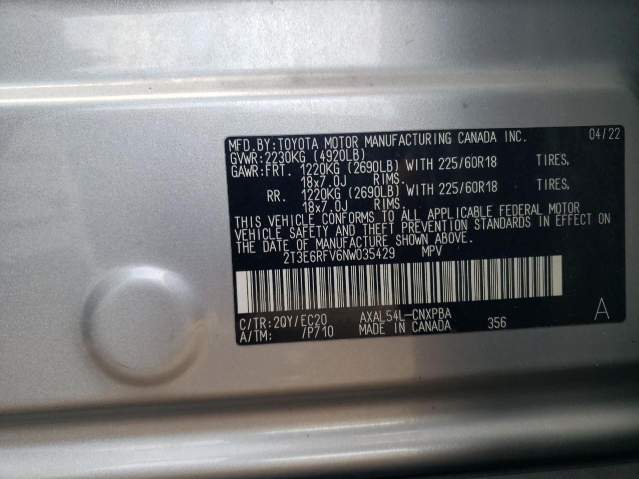 2022 TOYOTA RAV4 XSE VIN:2T3E6RFV6NW035429