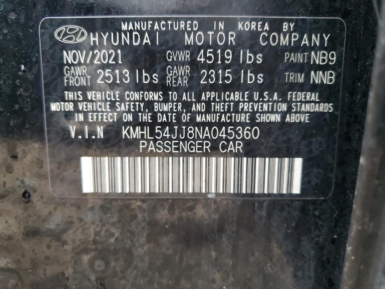 2022 HYUNDAI SONATA HYBRID VIN:KMHL54JJ8NA045360