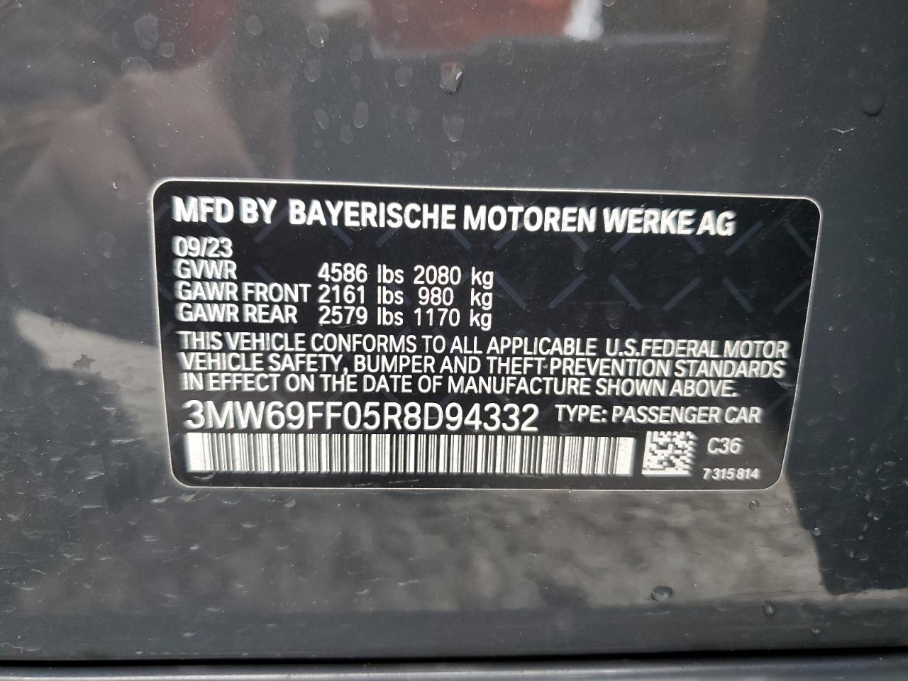 2024 BMW 330I  VIN:3MW69FF05R8D94332