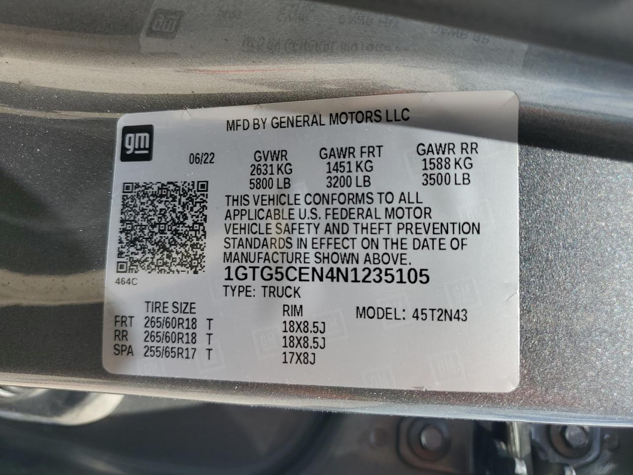 2022 GMC CANYON ELEVATION VIN:1GTG5CEN4N1235105