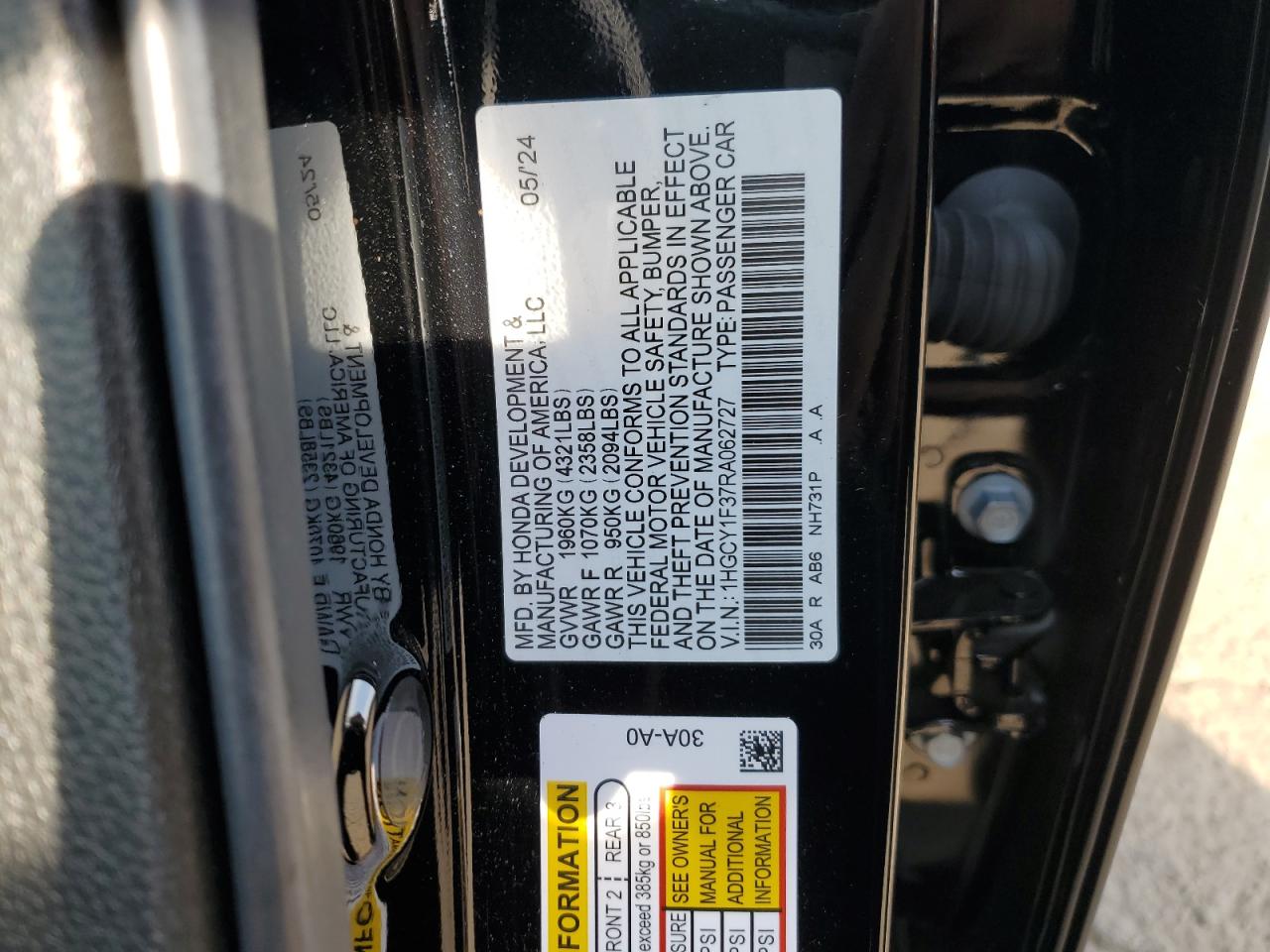 2024 HONDA ACCORD EX VIN:1HGCY1F37RA062727