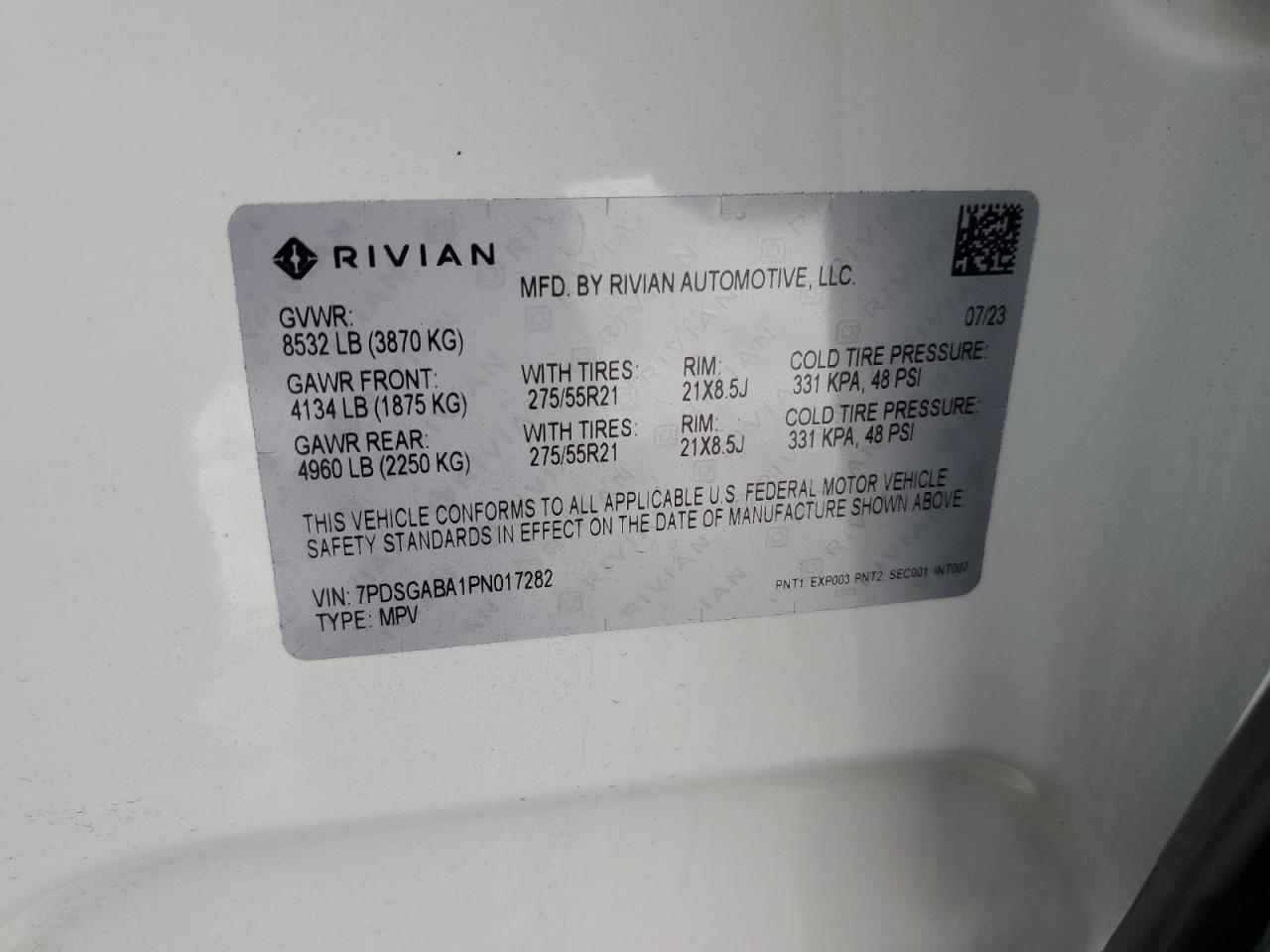 2023 RIVIAN R1S ADVENTURE VIN:7PDSGABA1PN017282