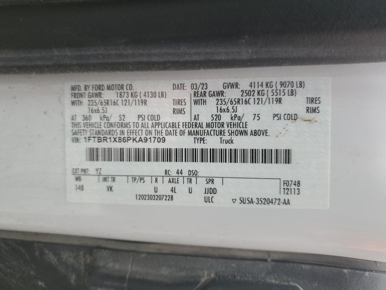 2023 FORD TRANSIT T-250 VIN:1FTBR1X86PKA91709