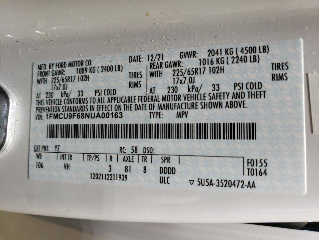 2022 FORD ESCAPE S VIN:1FMCU9F68NUA00163