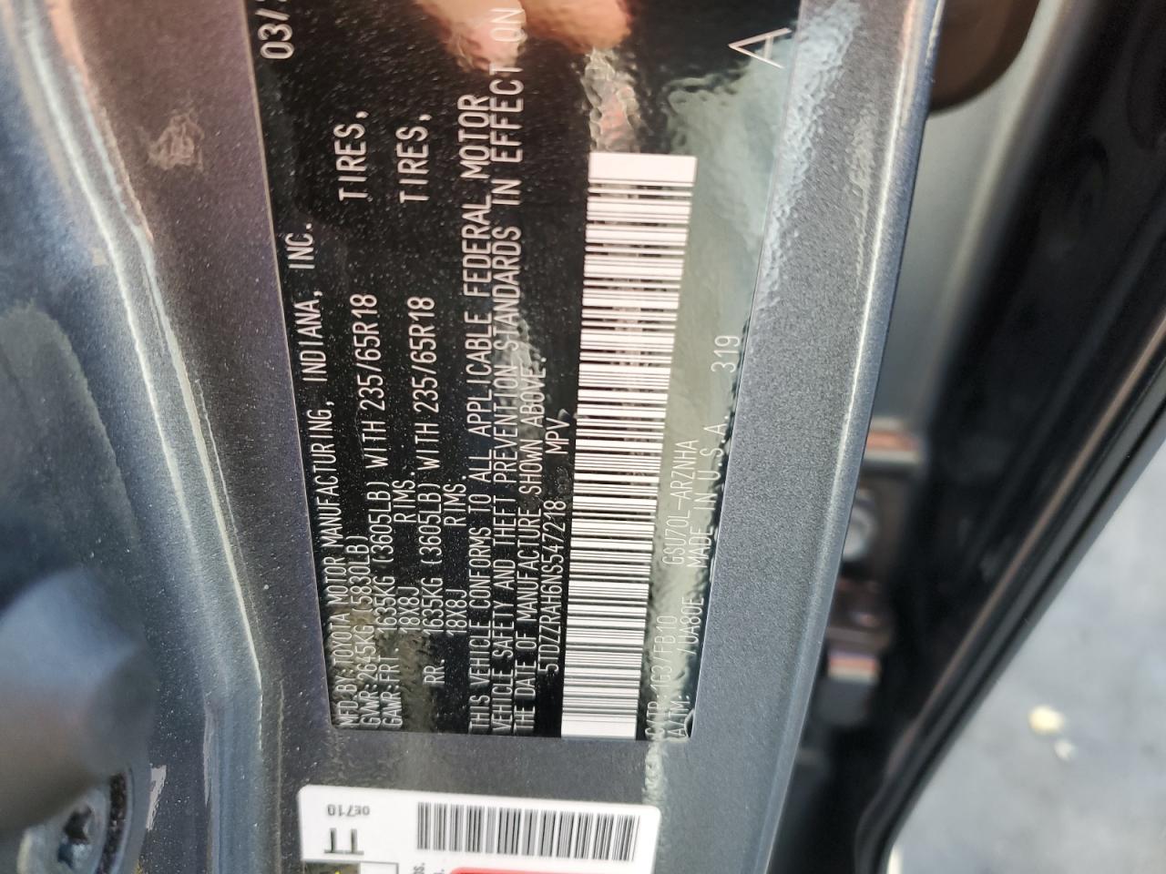 2022 TOYOTA HIGHLANDER L VIN:5TDZZRAH6NS547218