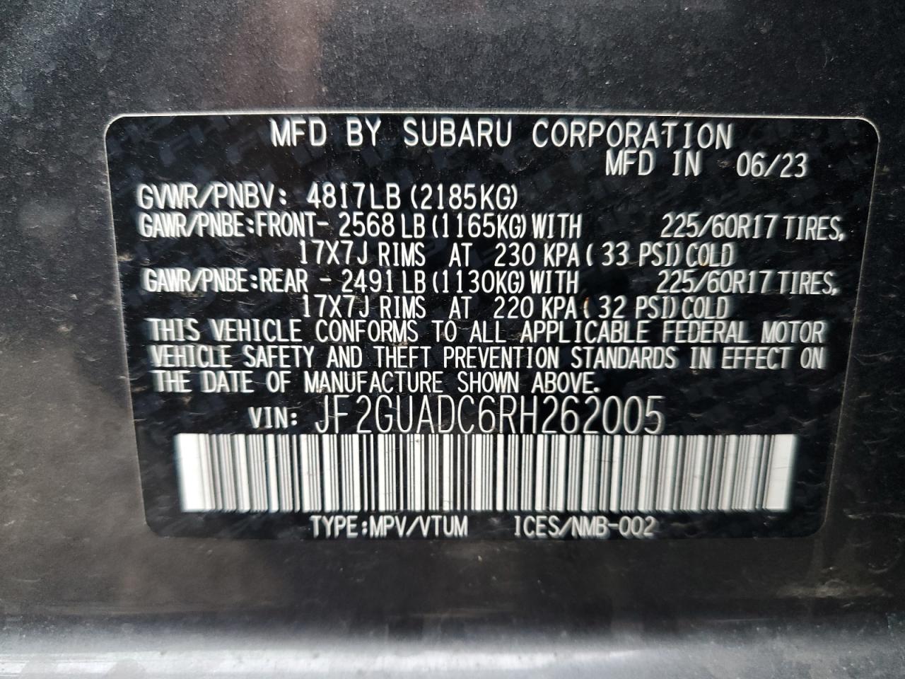 2024 SUBARU CROSSTREK PREMIUM VIN:JF2GUADC6RH262005